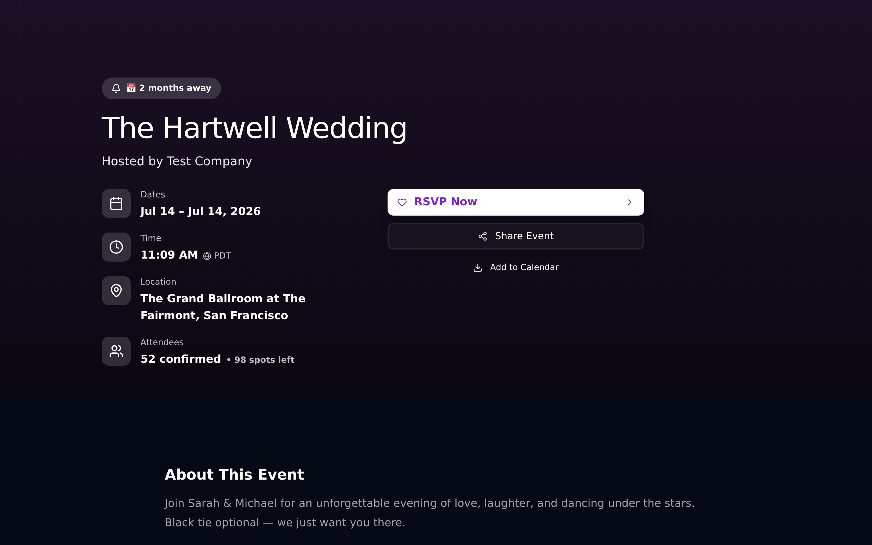 A guest viewing a Koplanit public event page — RSVP, schedule, and what to bring, no app or account required.