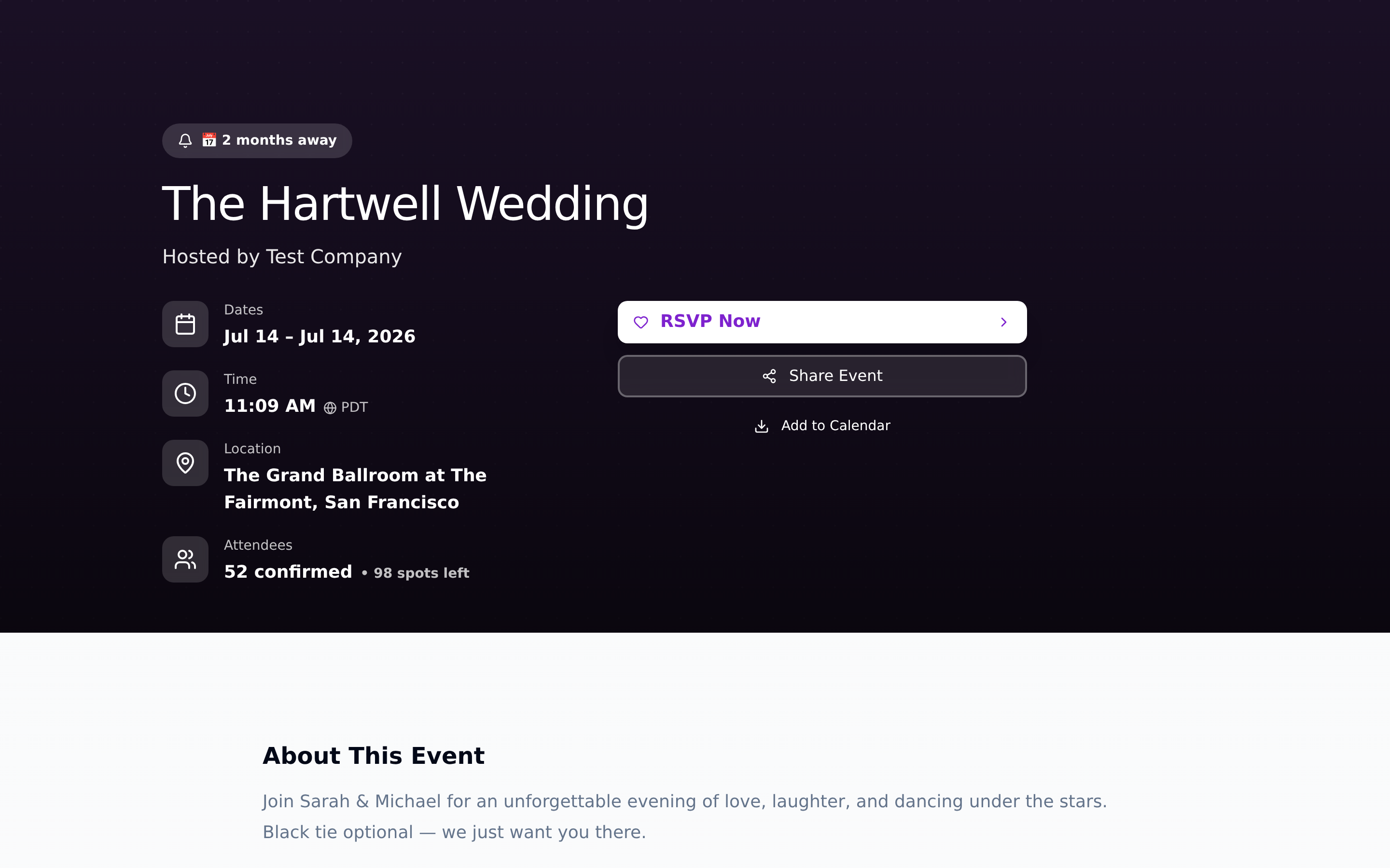 A guest viewing a Koplanit public event page — RSVP, schedule, and what to bring, no app or account required.
