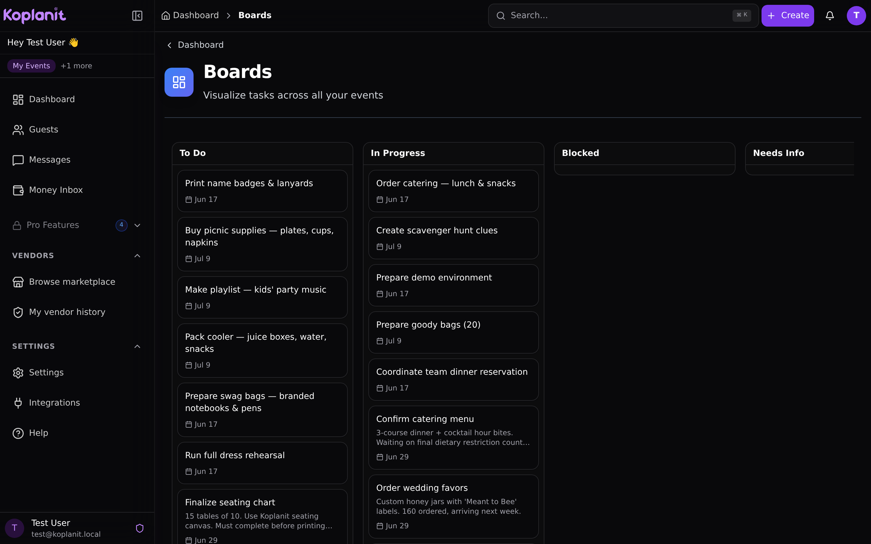 A Koplanit task board with wedding tasks organized across To Do, In Progress, and Done columns.